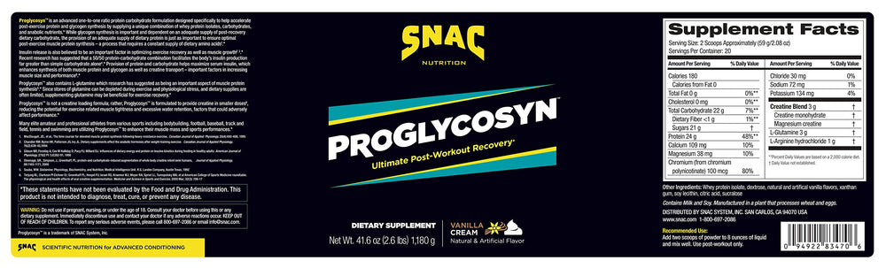 SNAC System Proglycosyn Vanilla Cream label close-up highlighting ingredients for recovery.