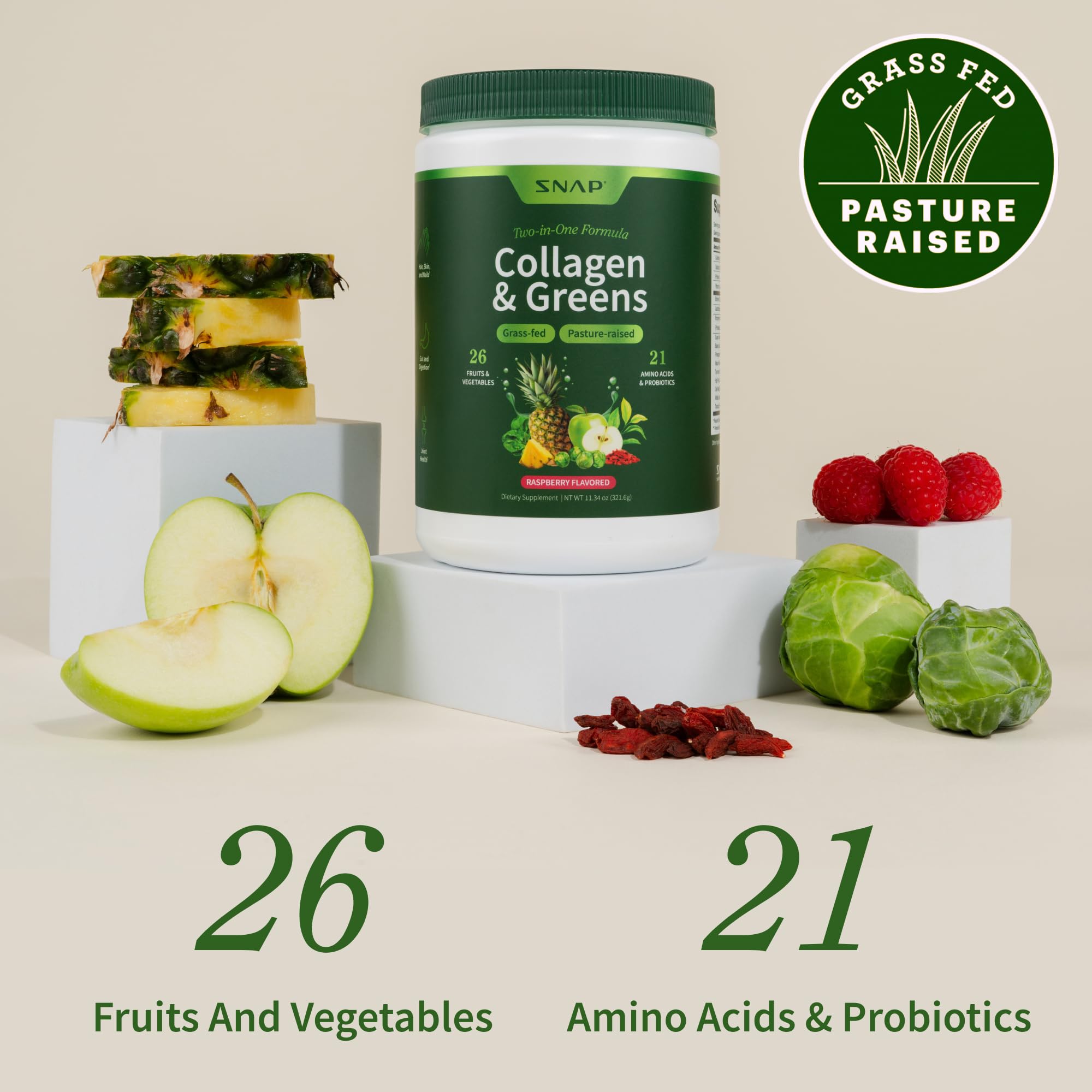 Snap Supplements 26 fruits and vegetables blend powder for daily nourishment.