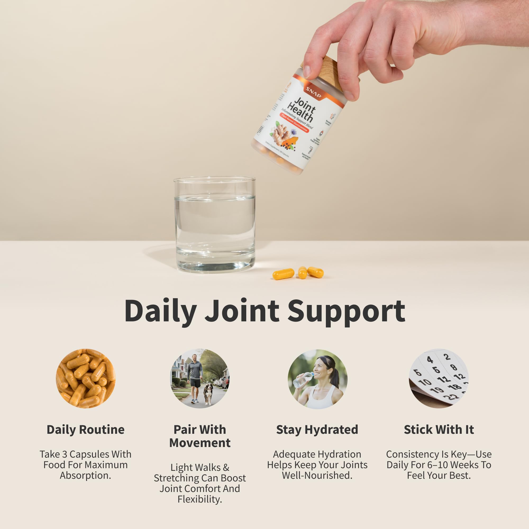 Snap Supplements lifestyle image suggests active use for flexibility.