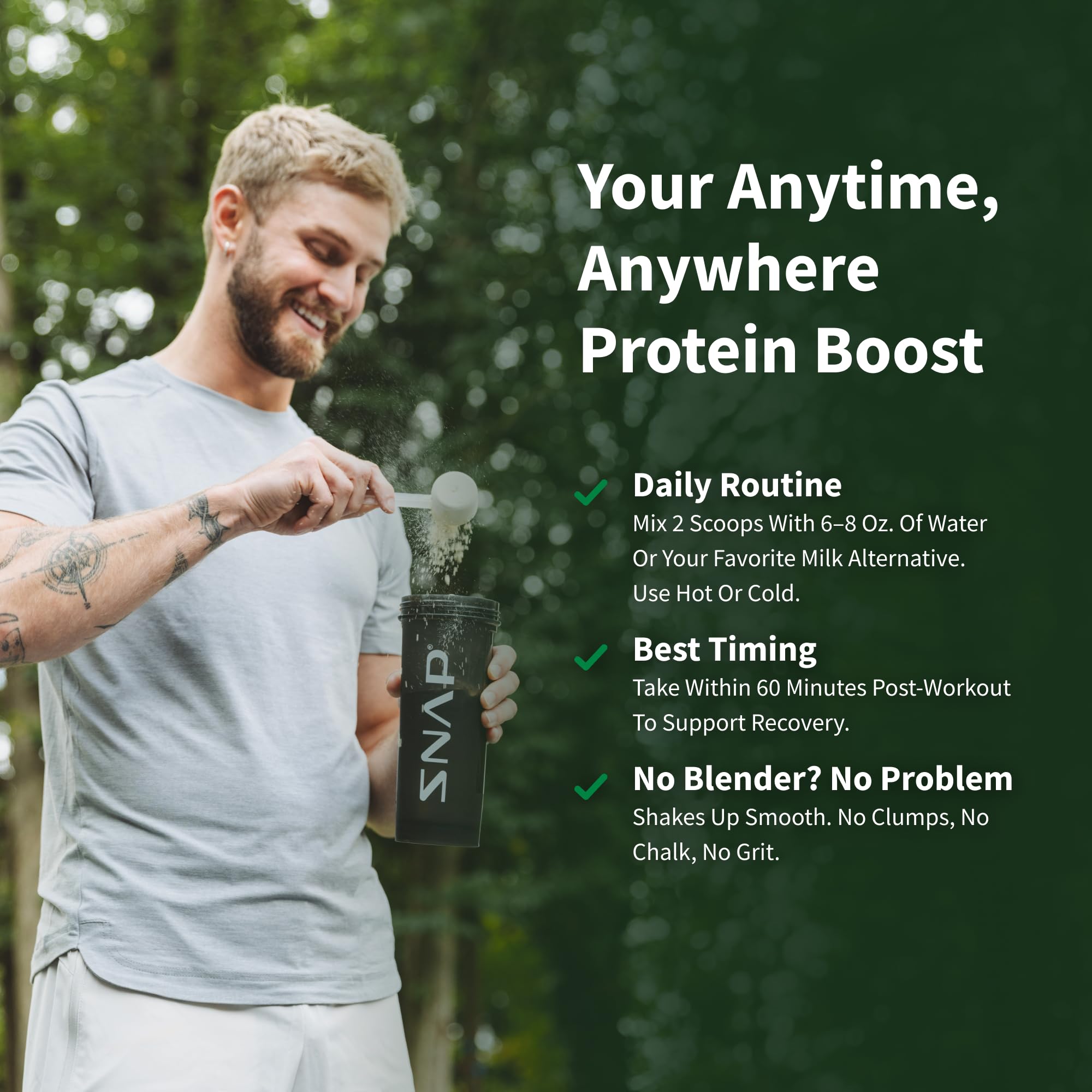 Snap Supplements after-workout shake bottle on gym bench.