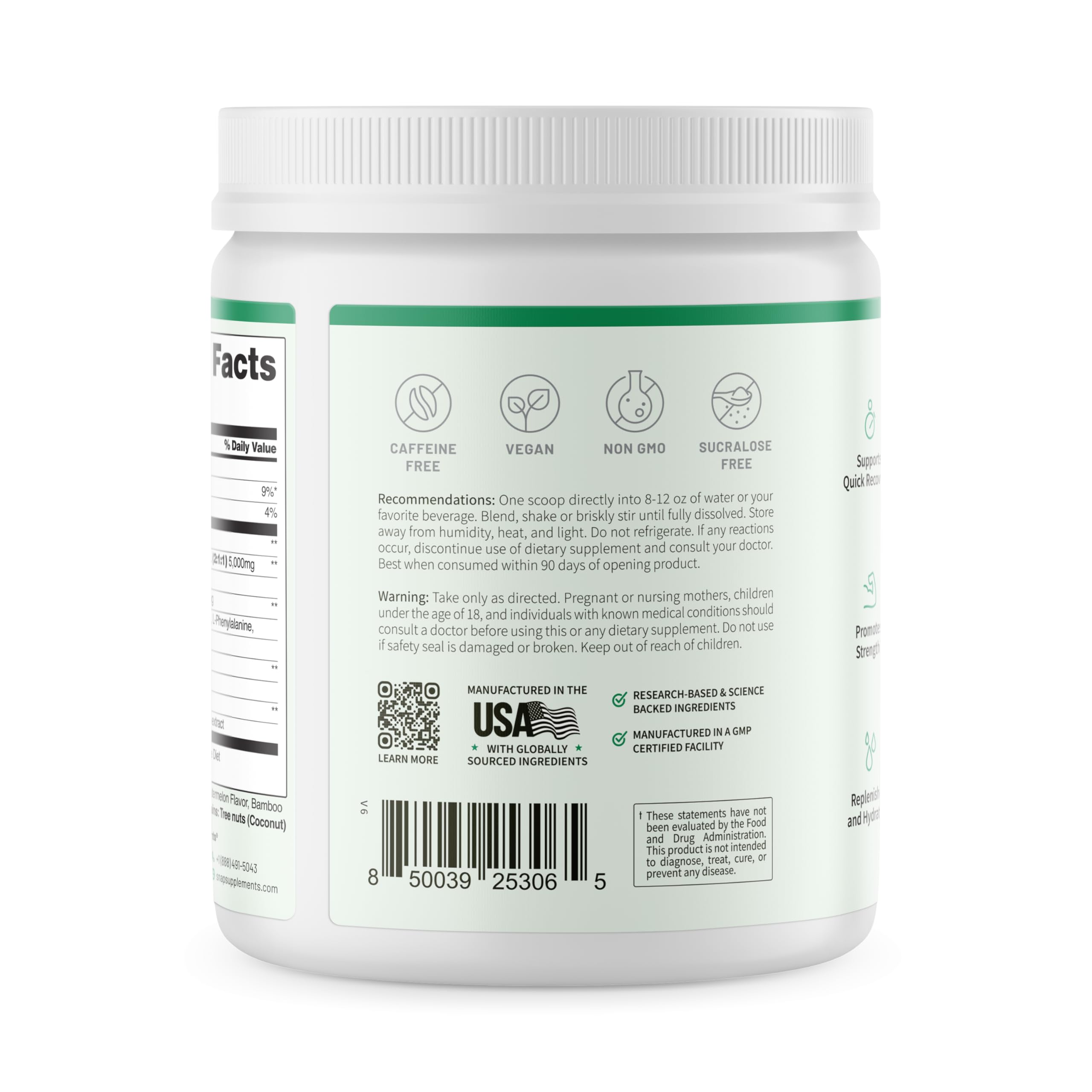 Snap Supplements BCAA powder gym bag-ready container suggests on-the-go support.