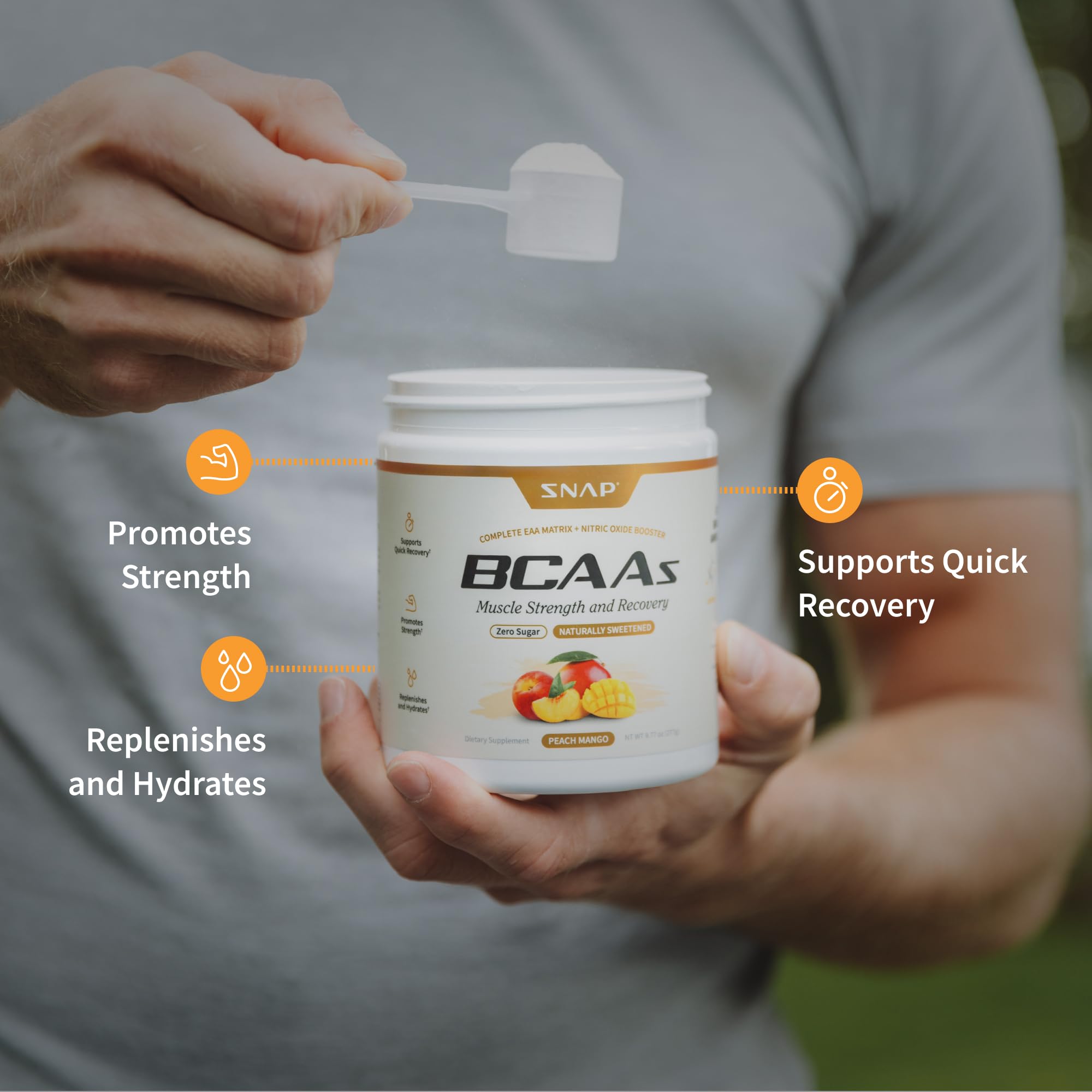 Snap Supplements BCAA powder being poured into a shaker.