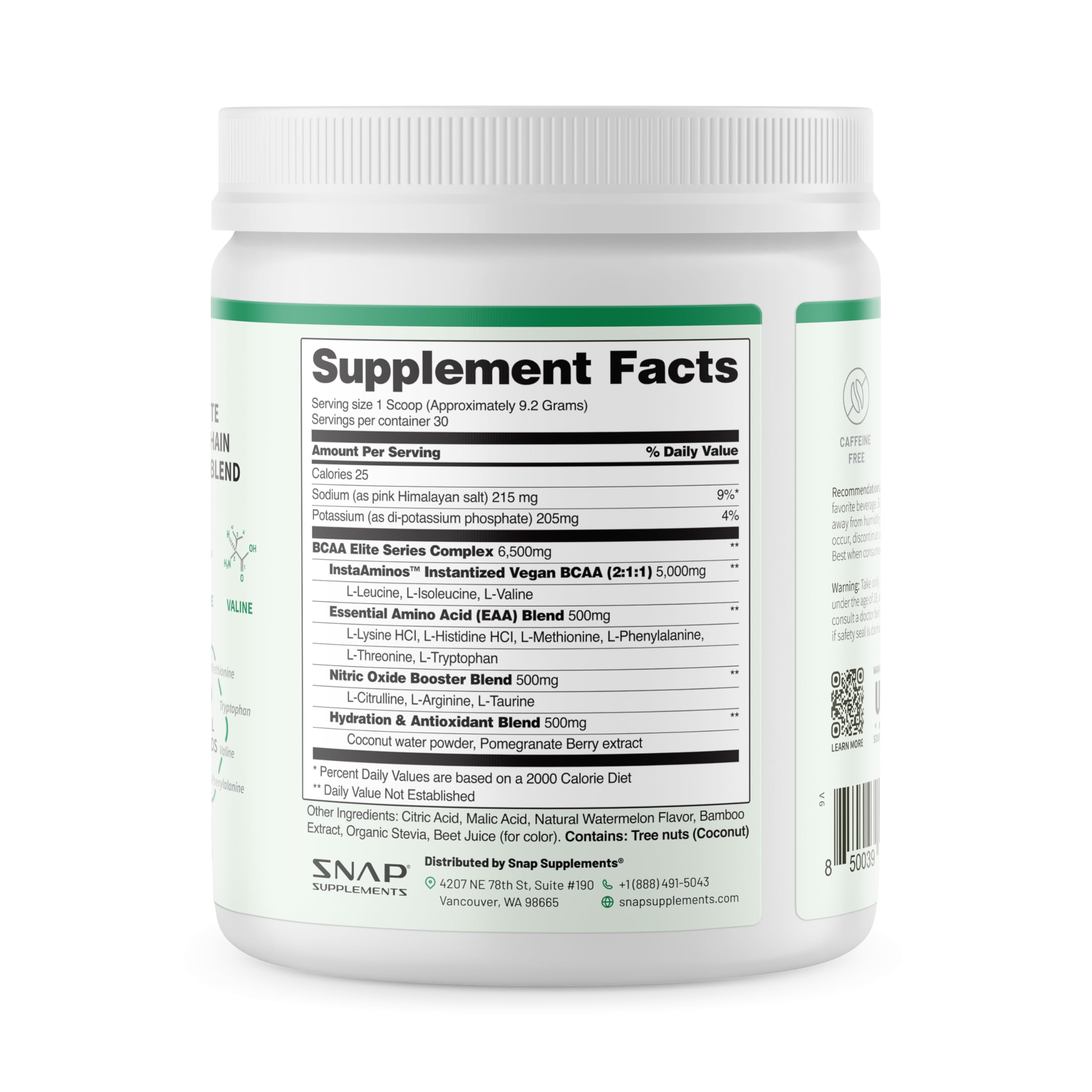 Snap Supplements BCAA 30 servings label highlights value and portion size.