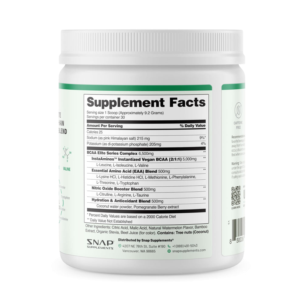 Snap Supplements BCAA 30 servings label highlights value and portion size.