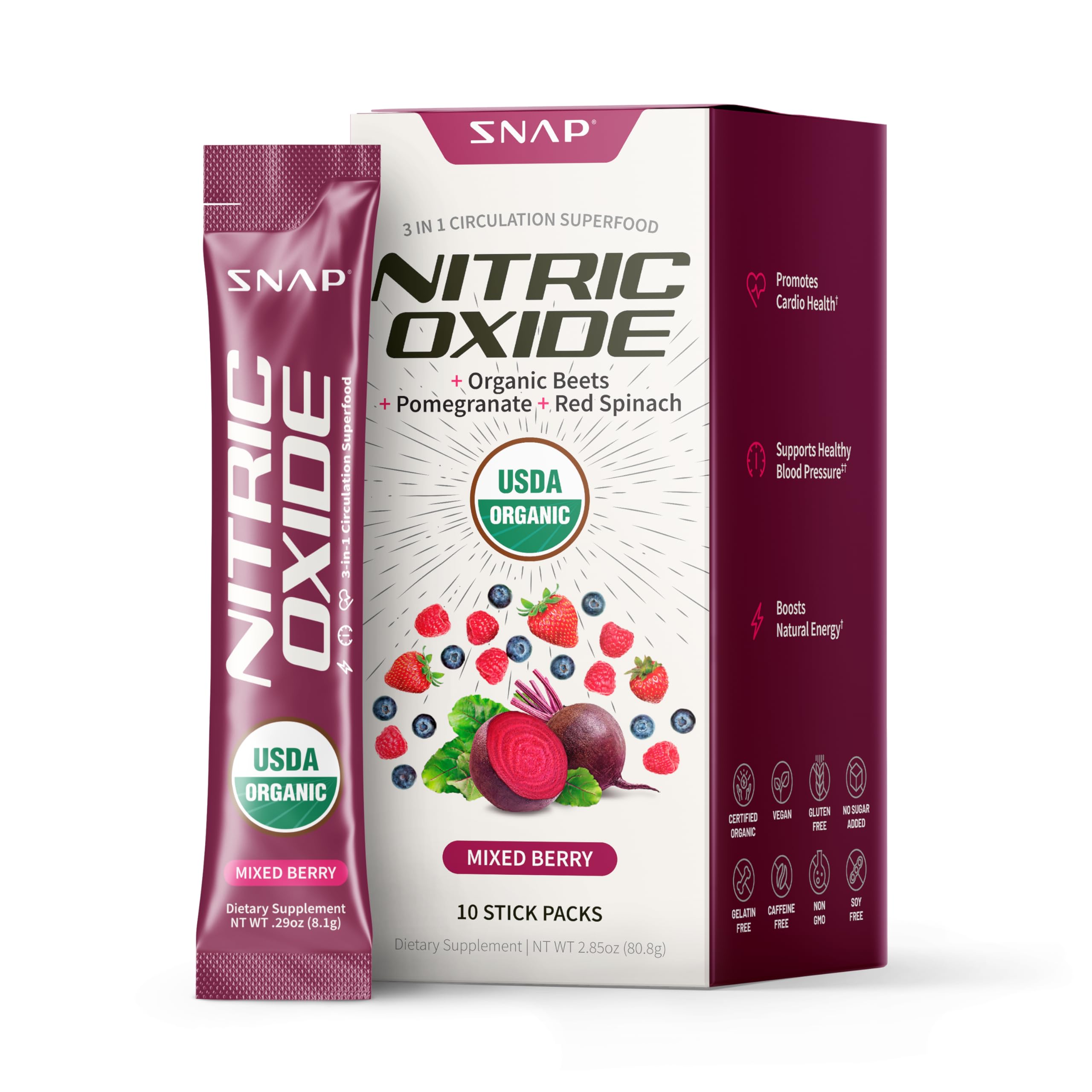 Snap Supplements beet root bottle showing organic formula for potential circulation support.