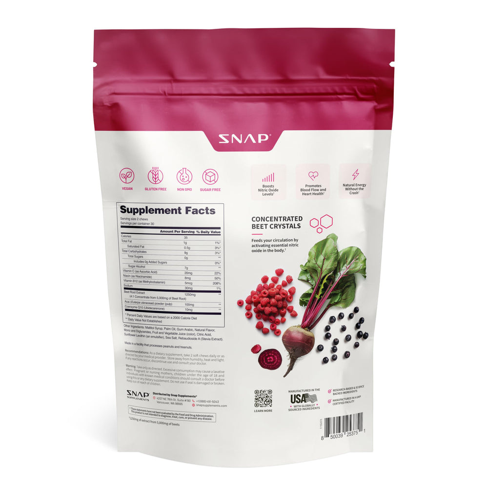Snap Supplements Beet Root soft chews label view noting non-GMO and GMP-certified