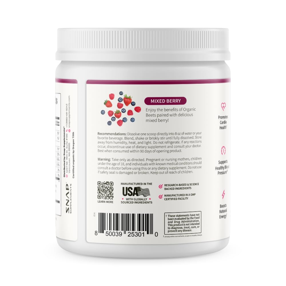 Snap Supplements beetroot powder with fresh fruit on kitchen counter.