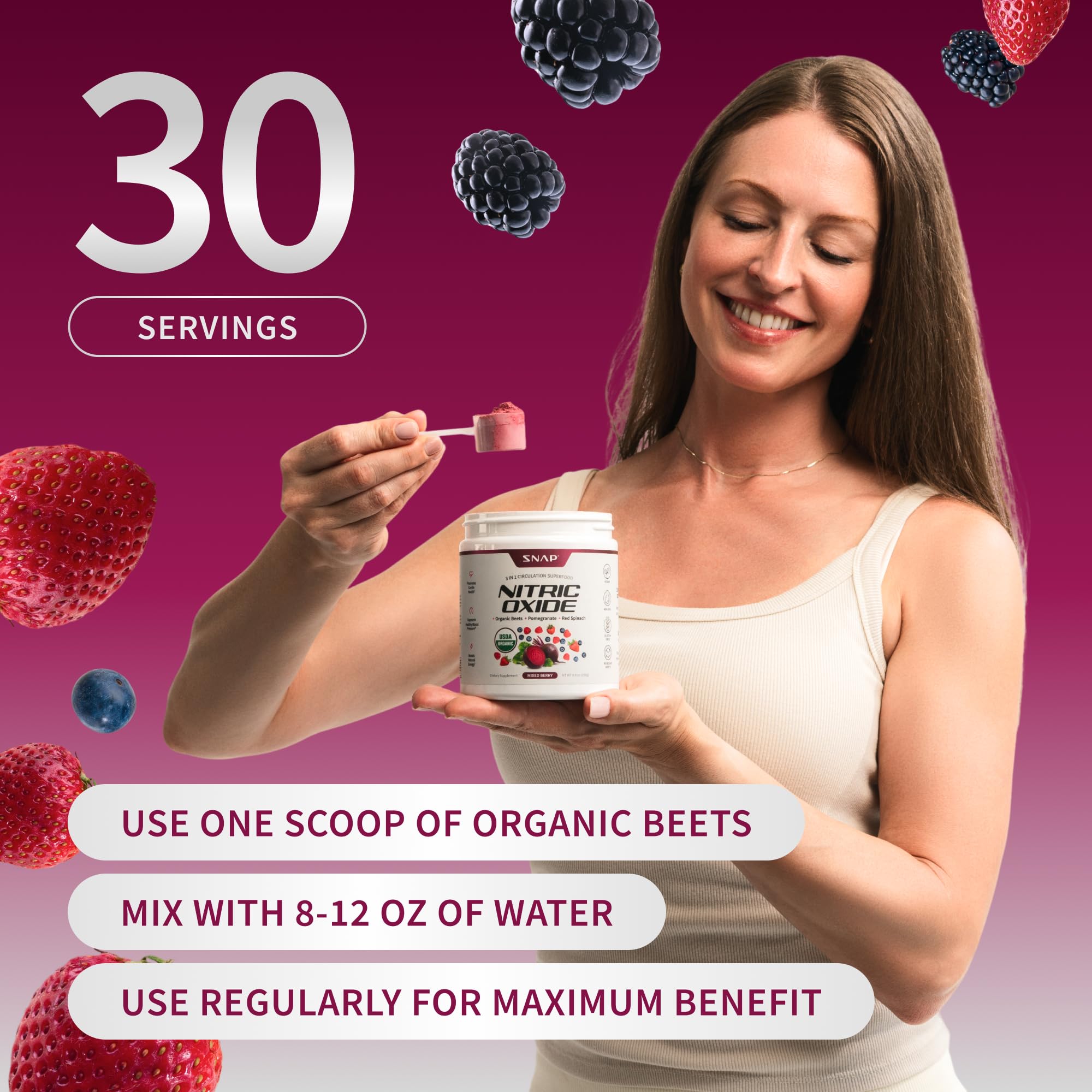 Snap Supplements beetroot powder in a smoothie glass with mixed berry flavor.