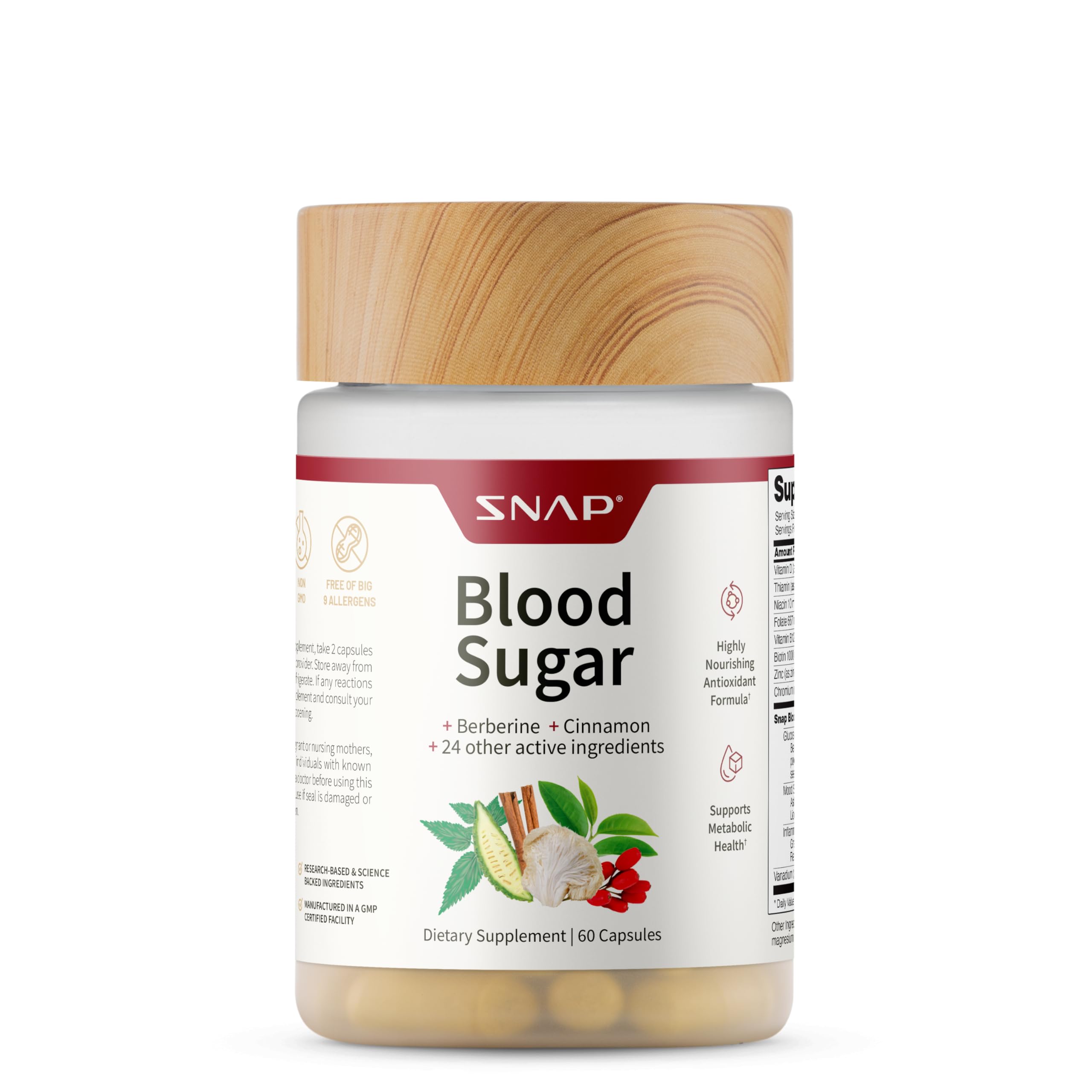 Snap Supplements Blood Sugar Blend bottle highlights berberine and cinnamon for metabolic support