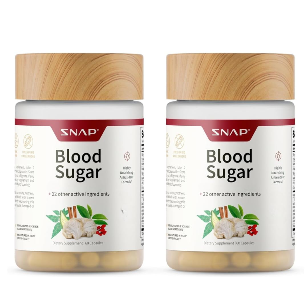 Snap Supplements Blood Sugar Blend bottle with 60 sugar-free capsules for daily support.