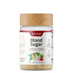 Snap Supplements Blood Sugar Blend bottle highlights berberine and cinnamon for metabolic support