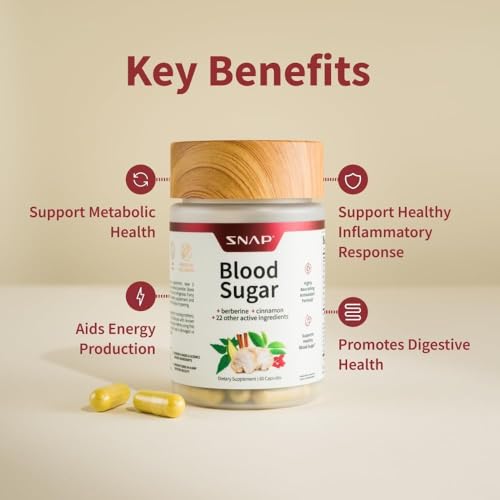 Snap Supplements Blood Sugar Blend label shows cinnamon and gymnema ingredients for wellness.