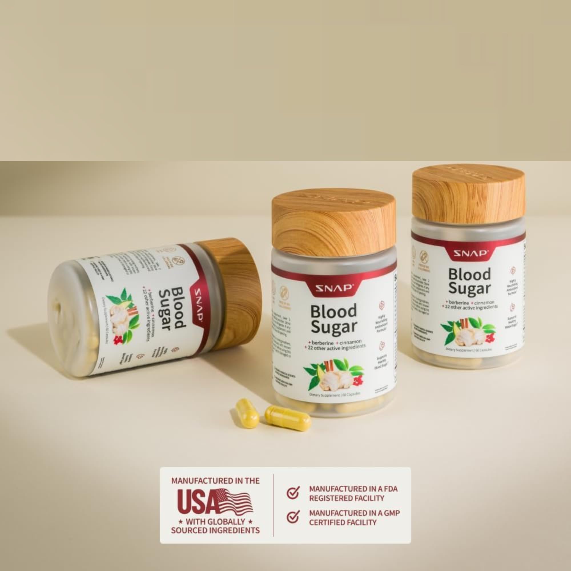 Snap Supplements Blood Sugar Blend gymnema leaf imagery emphasizes plant-based support.