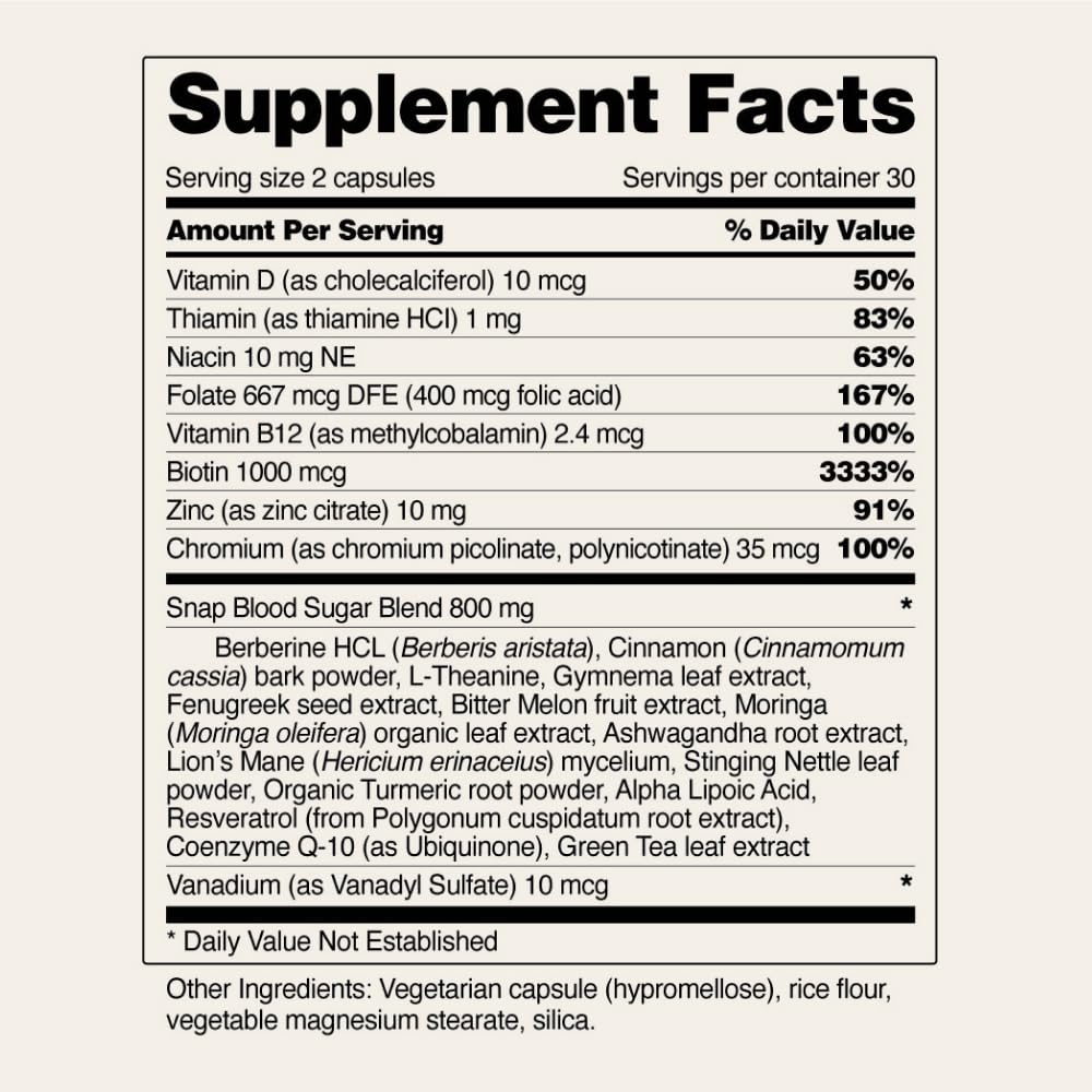 Snap Supplements Blood Sugar Blend infographic outlines antioxidant rich benefits at a glance