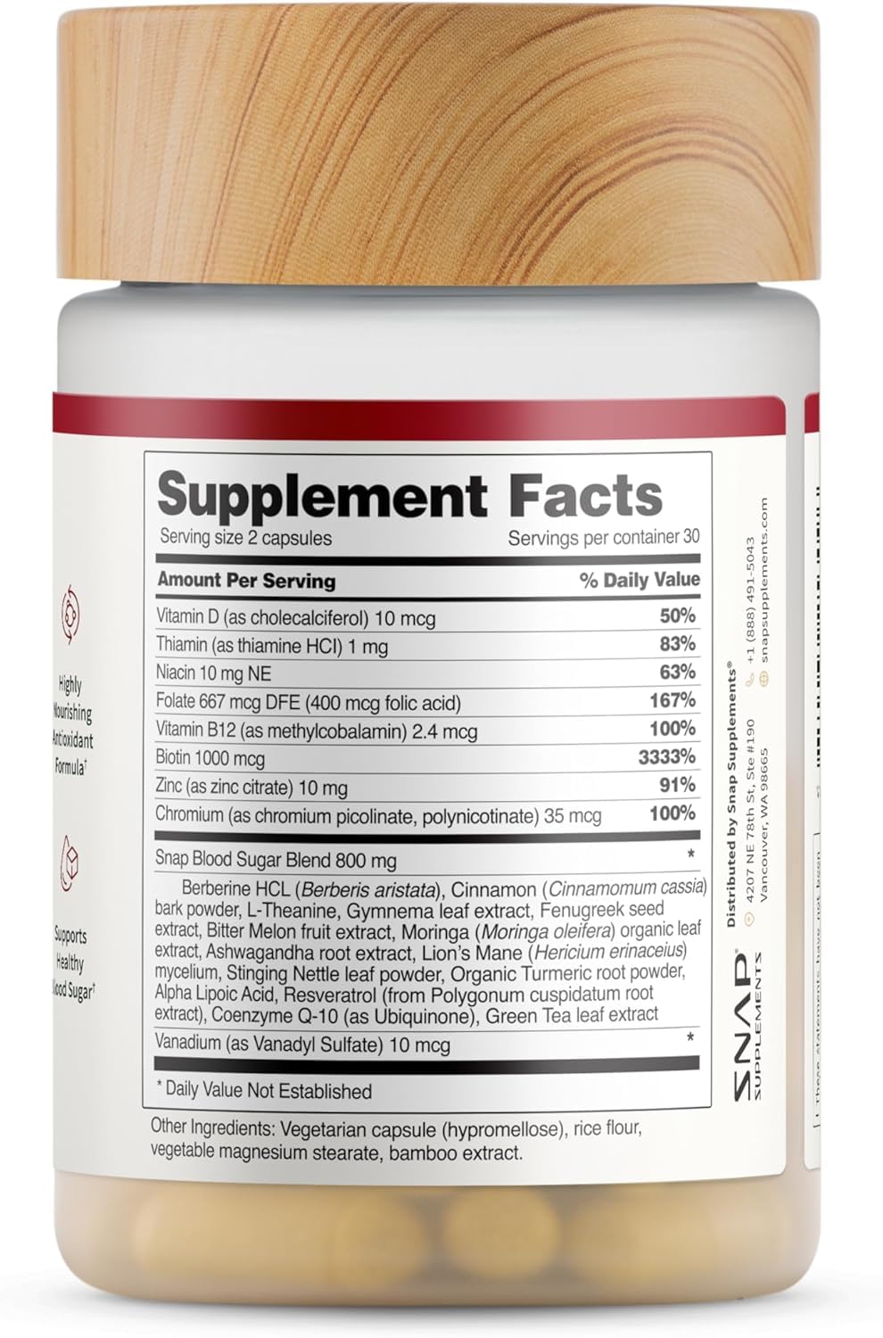 Snap Supplements Blood Sugar Blend vegan, caffeine-free, sugar-free composition highlighted.