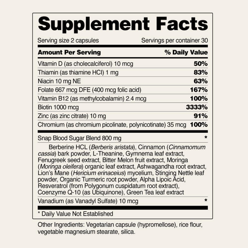Snap Supplements Blood Sugar Blend USA-made label signals quality.