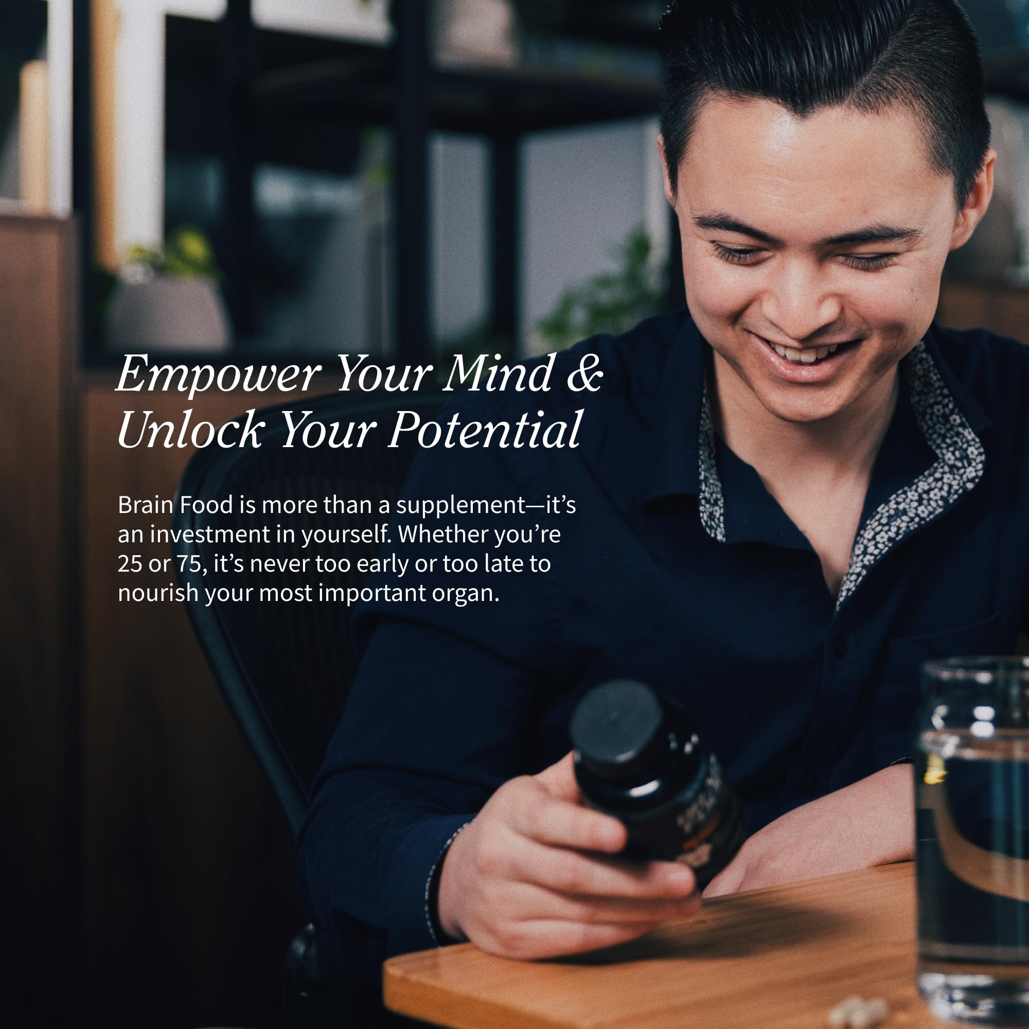 Snap Supplements Brain Booster bottle with glass of water for intake.