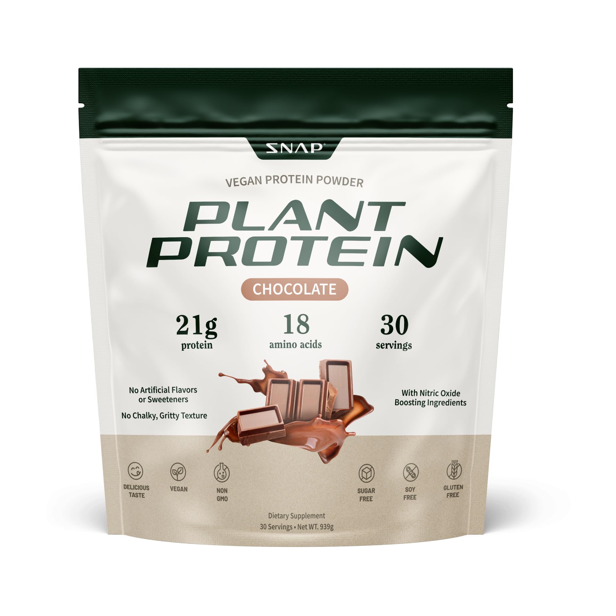 Snap Supplements chocolate protein powder tub front for smooth post-workout shakes.