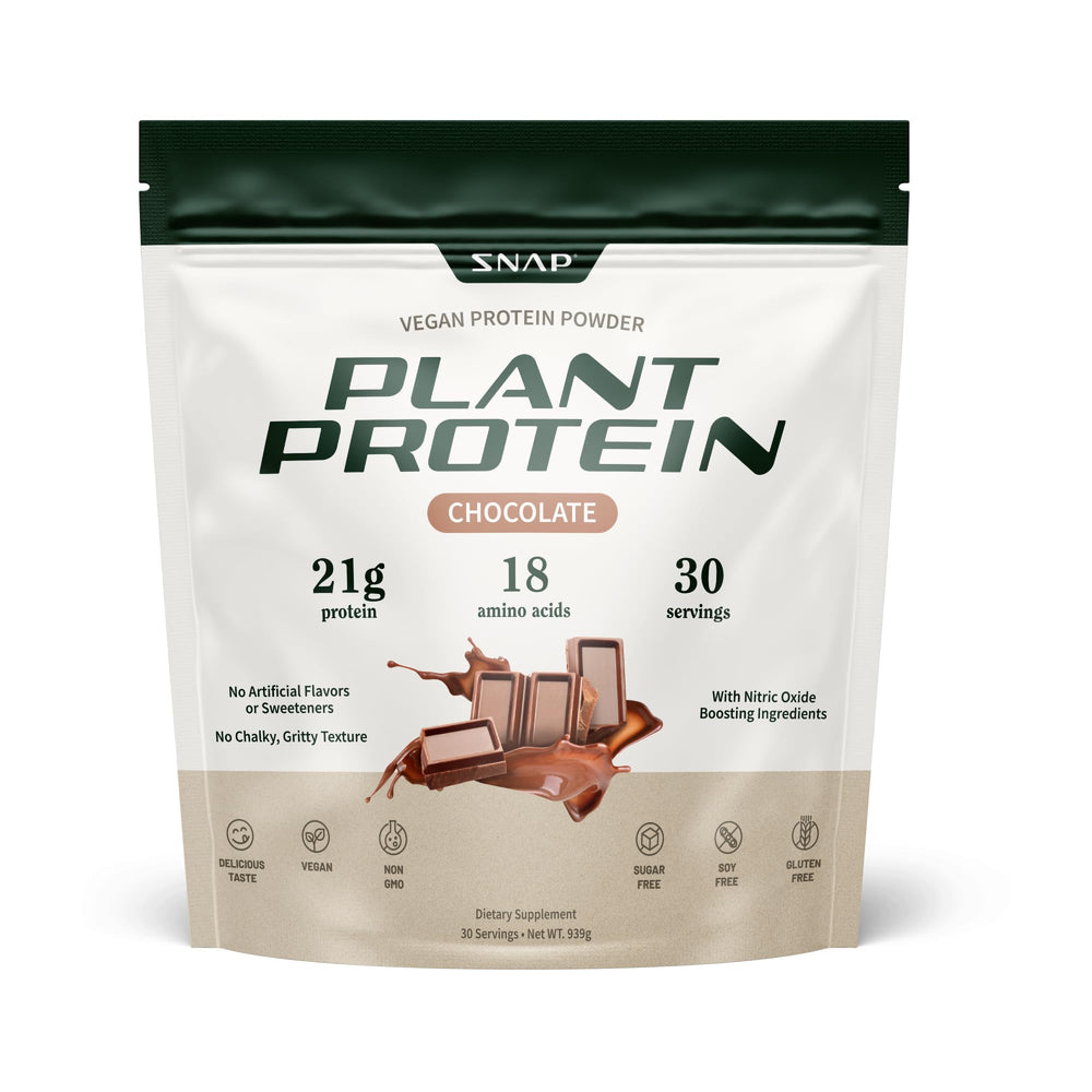 Snap Supplements chocolate protein powder tub front for smooth post-workout shakes.