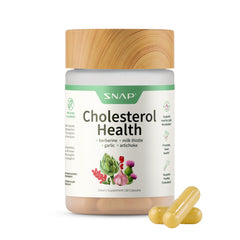 Snap Supplements Cholesterol Health bottle on a kitchen counter for heart-support routine
