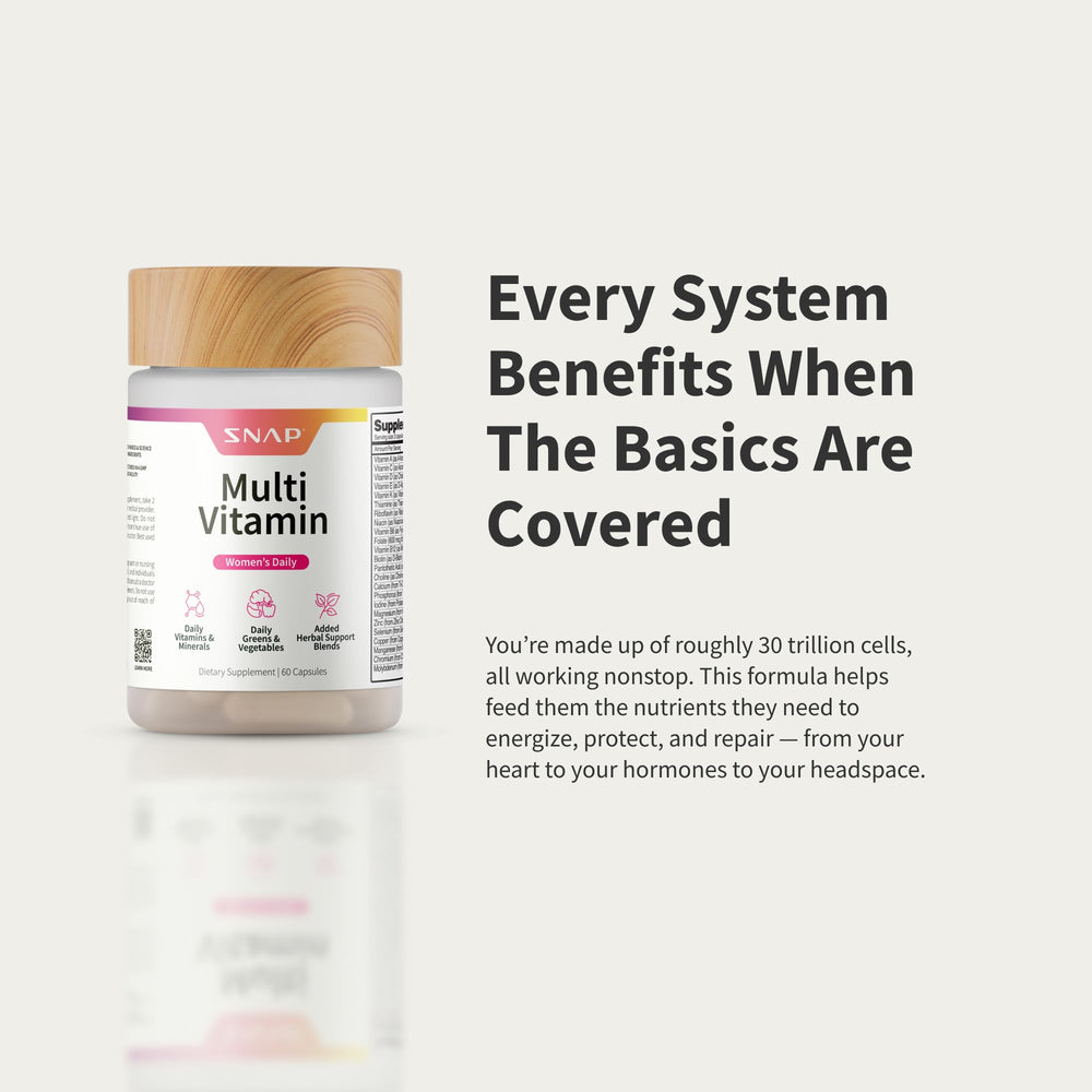 Snap Supplements Daily Multivitamin for Women morning routine scene implies ready to take support.