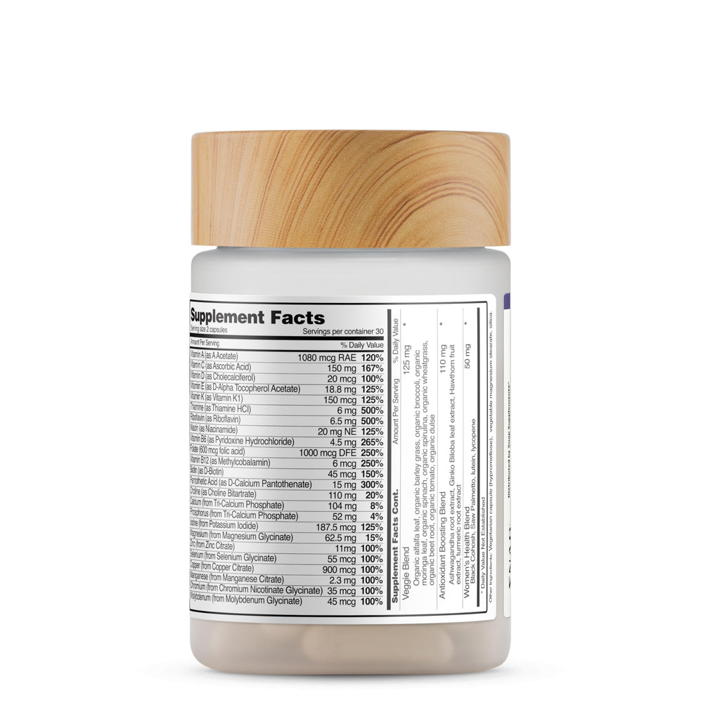 Snap Supplements Daily Multivitamin for Women organic greens imagery highlights plant based nourishment.