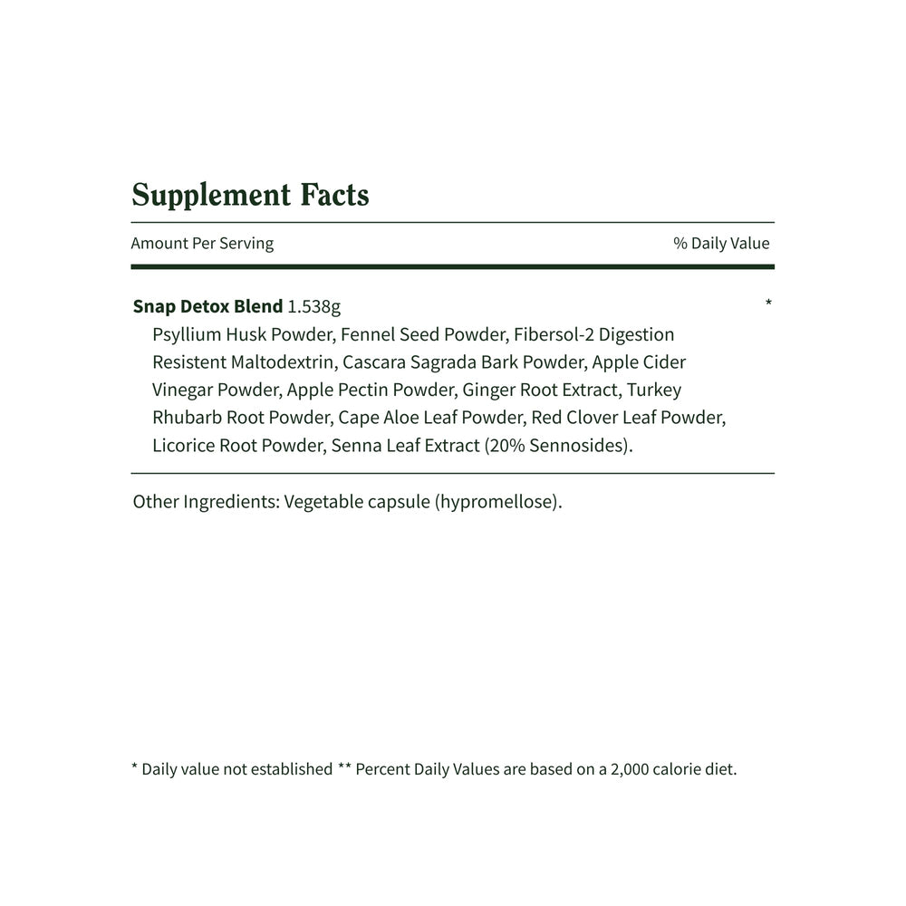 Snap Supplements Detox bottle with glass of water.