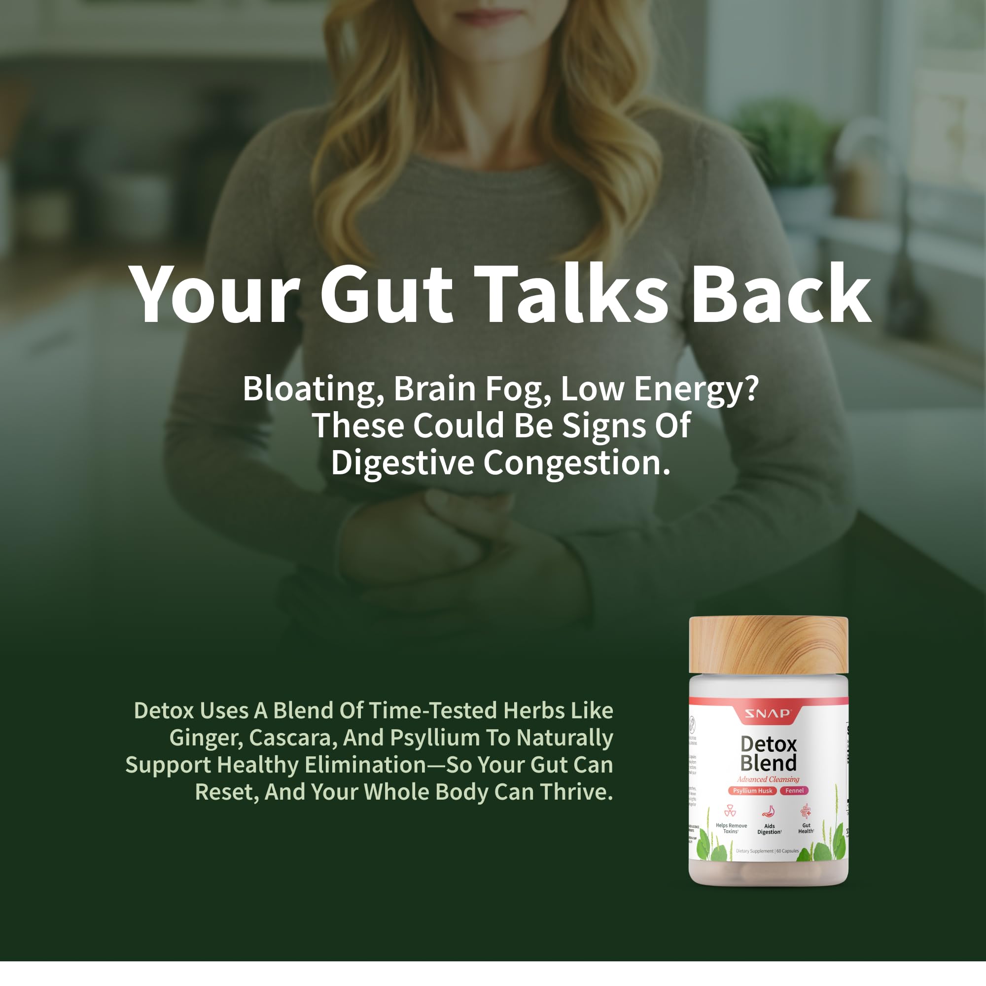 Snap Supplements Detox herbal ingredients, including licorice and ginger.