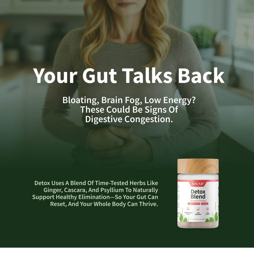 Snap Supplements Detox herbal ingredients, including licorice and ginger.