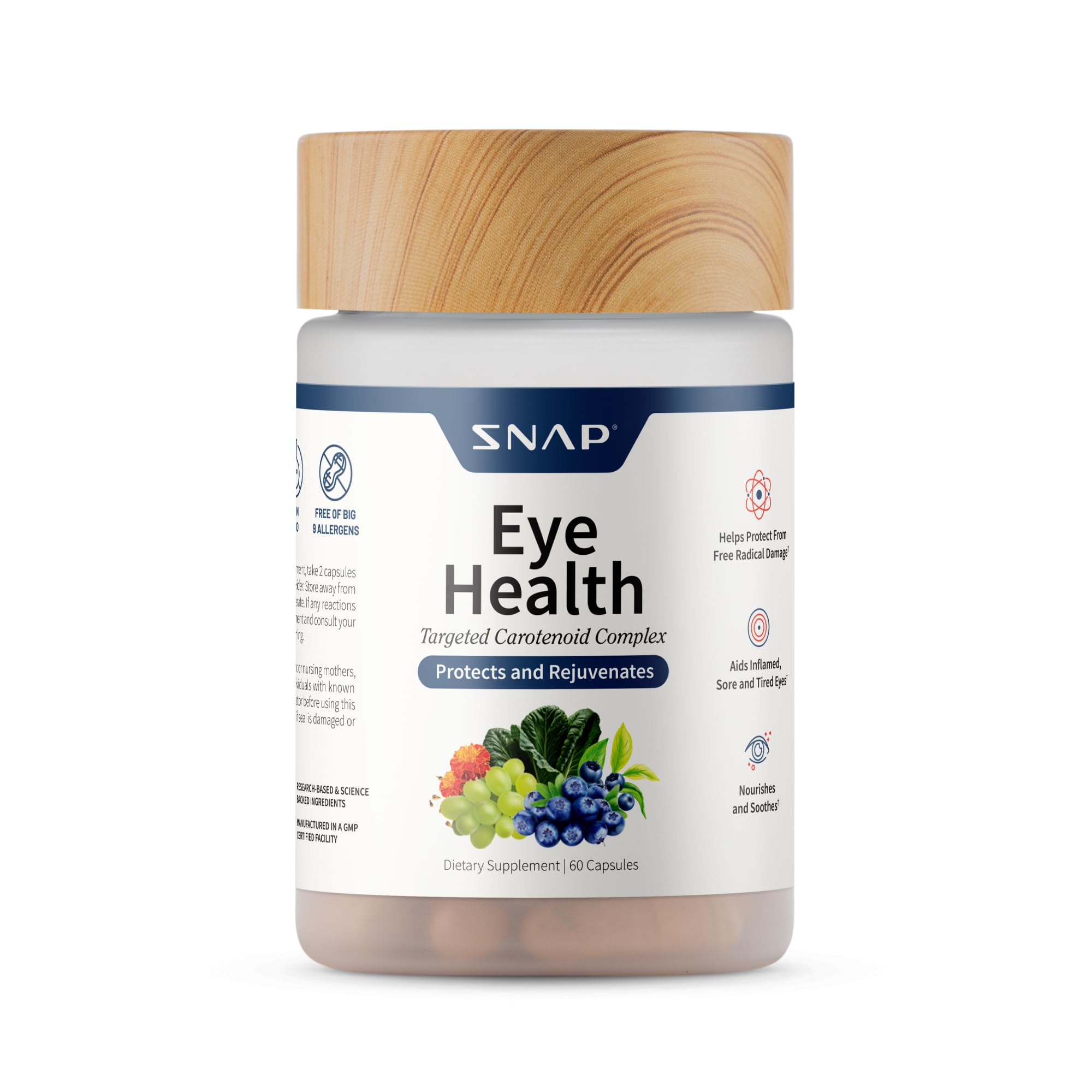 Snap Supplements Eye Health bottle front highlights the capsule formula for daily eye support.