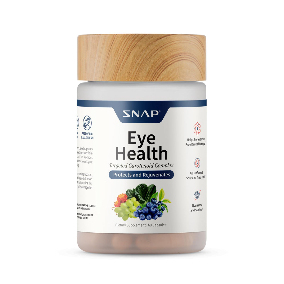 Snap Supplements Eye Health bottle front highlights the capsule formula for daily eye support.