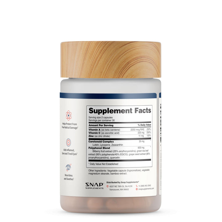 Snap Supplements Eye Health daily-use close-up suggests routine integration into day.