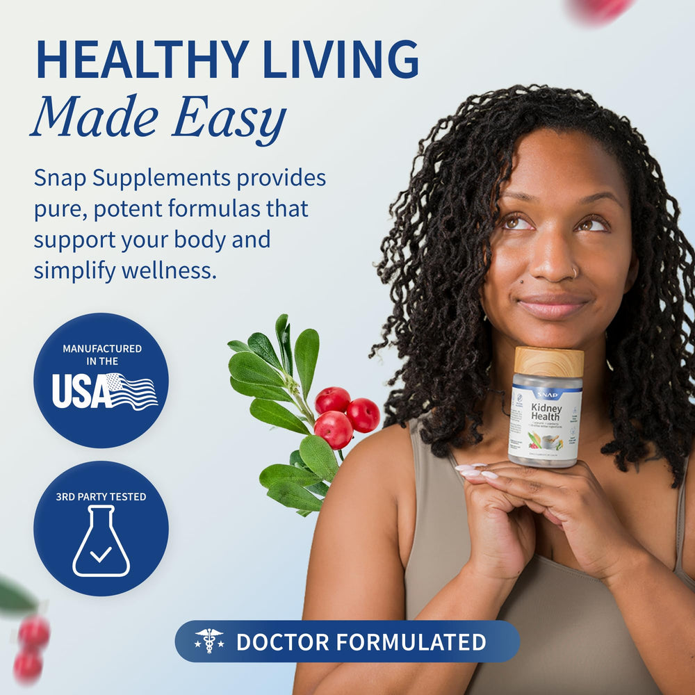 Snap Supplements Kidney Health label indicates non-GMO and gluten-free formulation