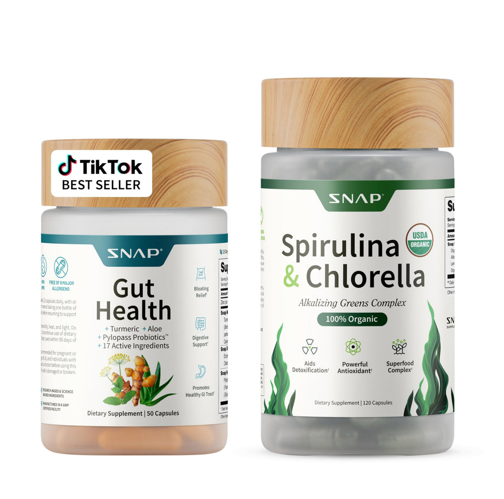 Snap Supplements gut health bundle bottle shows probiotic and enzyme blend for digestion