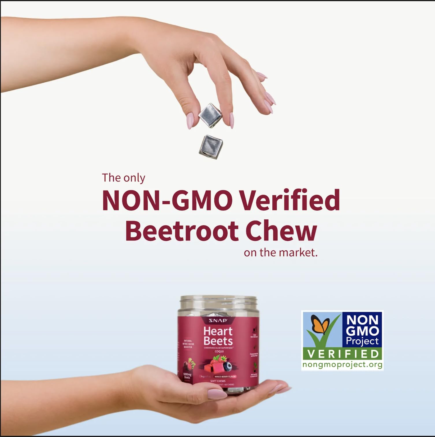 Snap Supplements Heart Beets soft chews active lifestyle scene suggests everyday cardio-friendly support.
