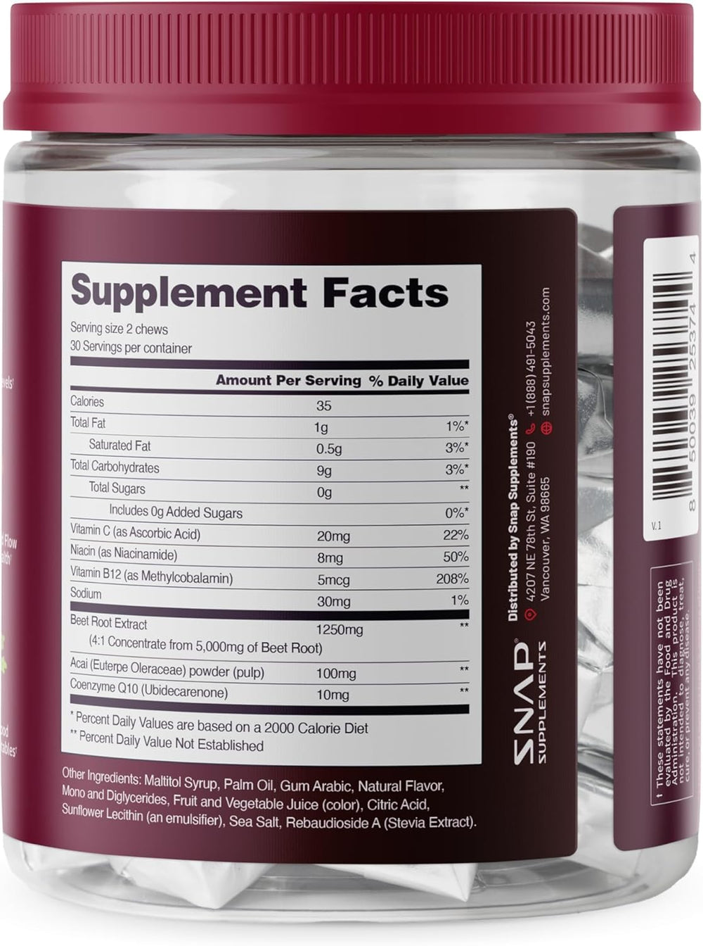 Snap Supplements Heart Beets soft chews daily-use tray shown for on-the-go routine.