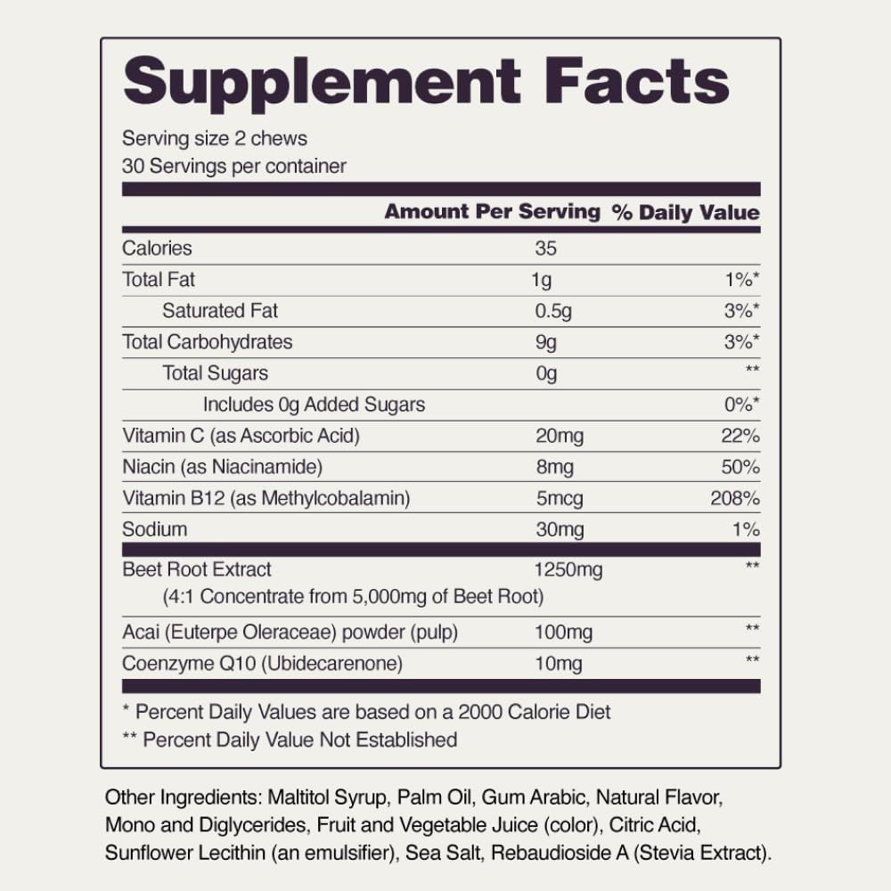 Snap Supplements Heart Beets soft chews packaging and label closeup shows sugar-free formula.
