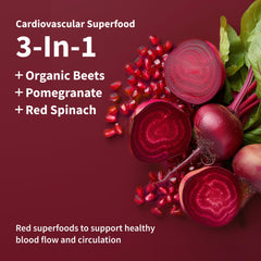 Heart Beets stick pack back view shows organic quality and allergen-free formula.