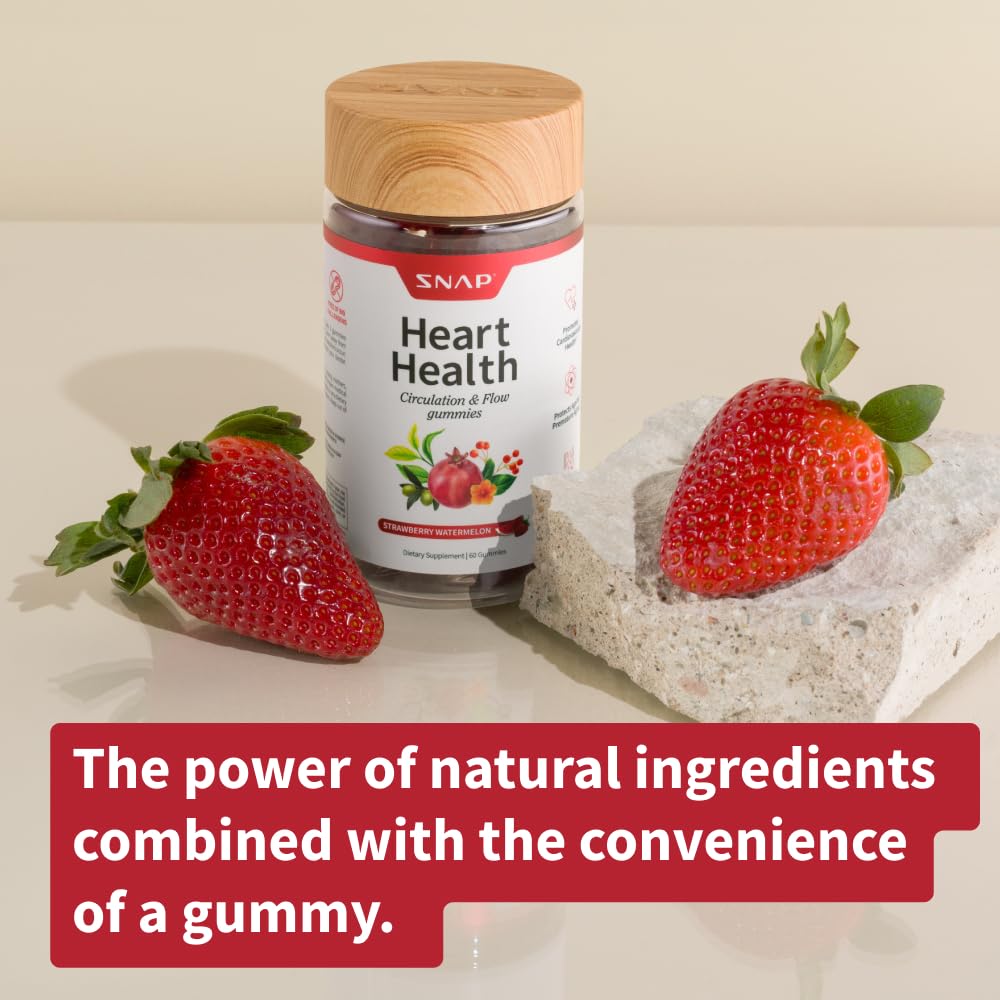 Snap Supplements Heart Health Gummies packaging on table showing sugar-free formula