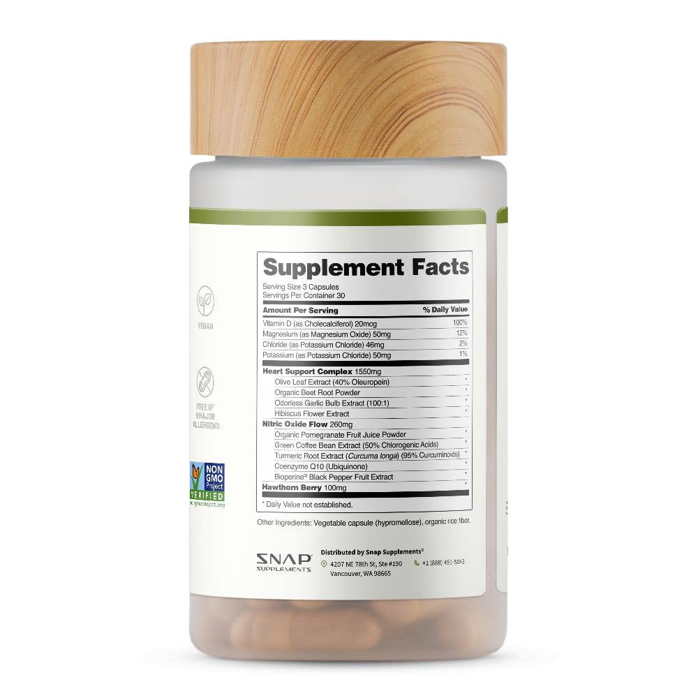 Snap Supplements Heart Health olive leaf extract vial beside a glass of water