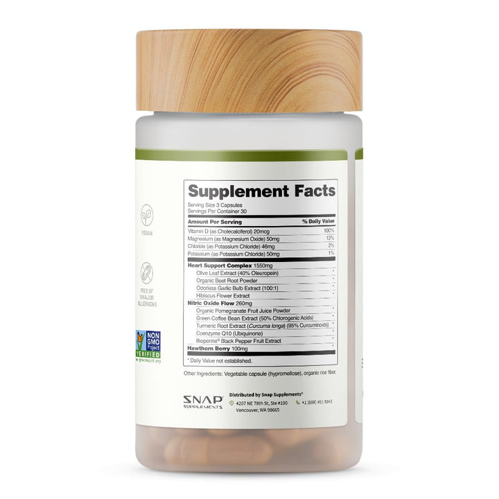 Snap Supplements Heart Health olive leaf extract vial beside a glass of water