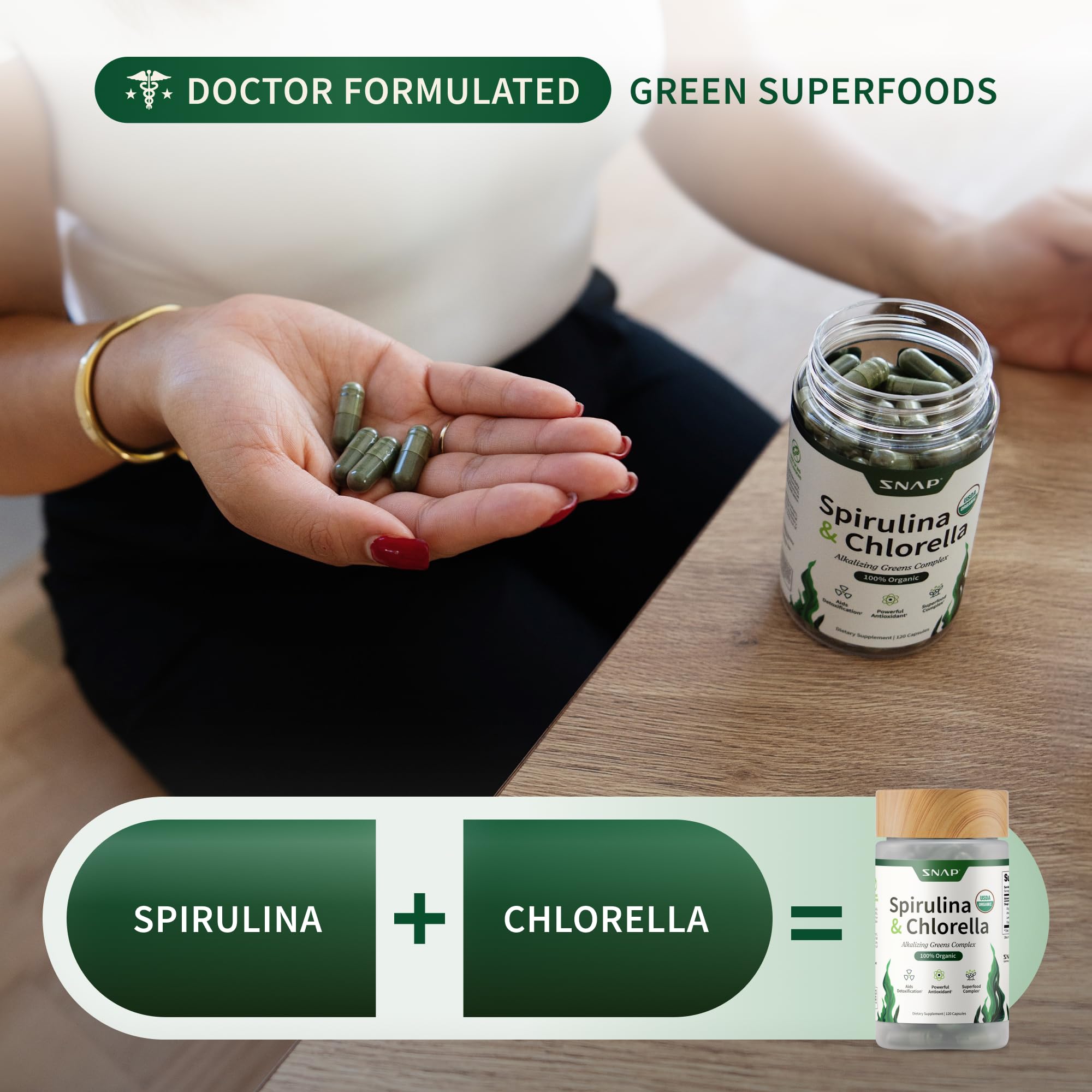 Snap Supplements spirulina and chlorella ingredients shown for vitality support.