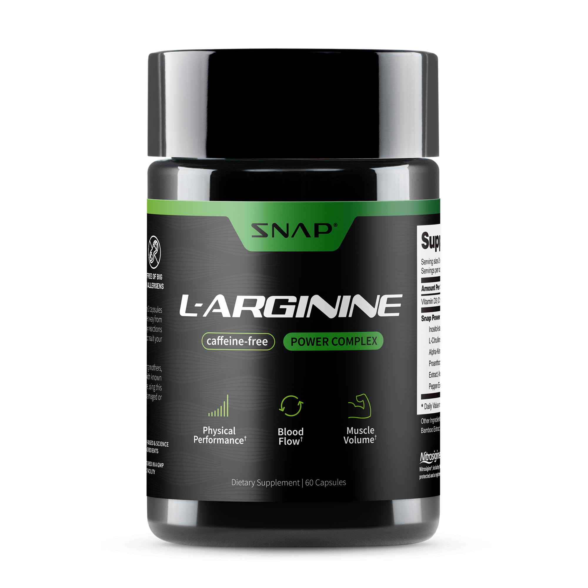 Snap Supplements L-Arginine Capsules bottle front shows energy support