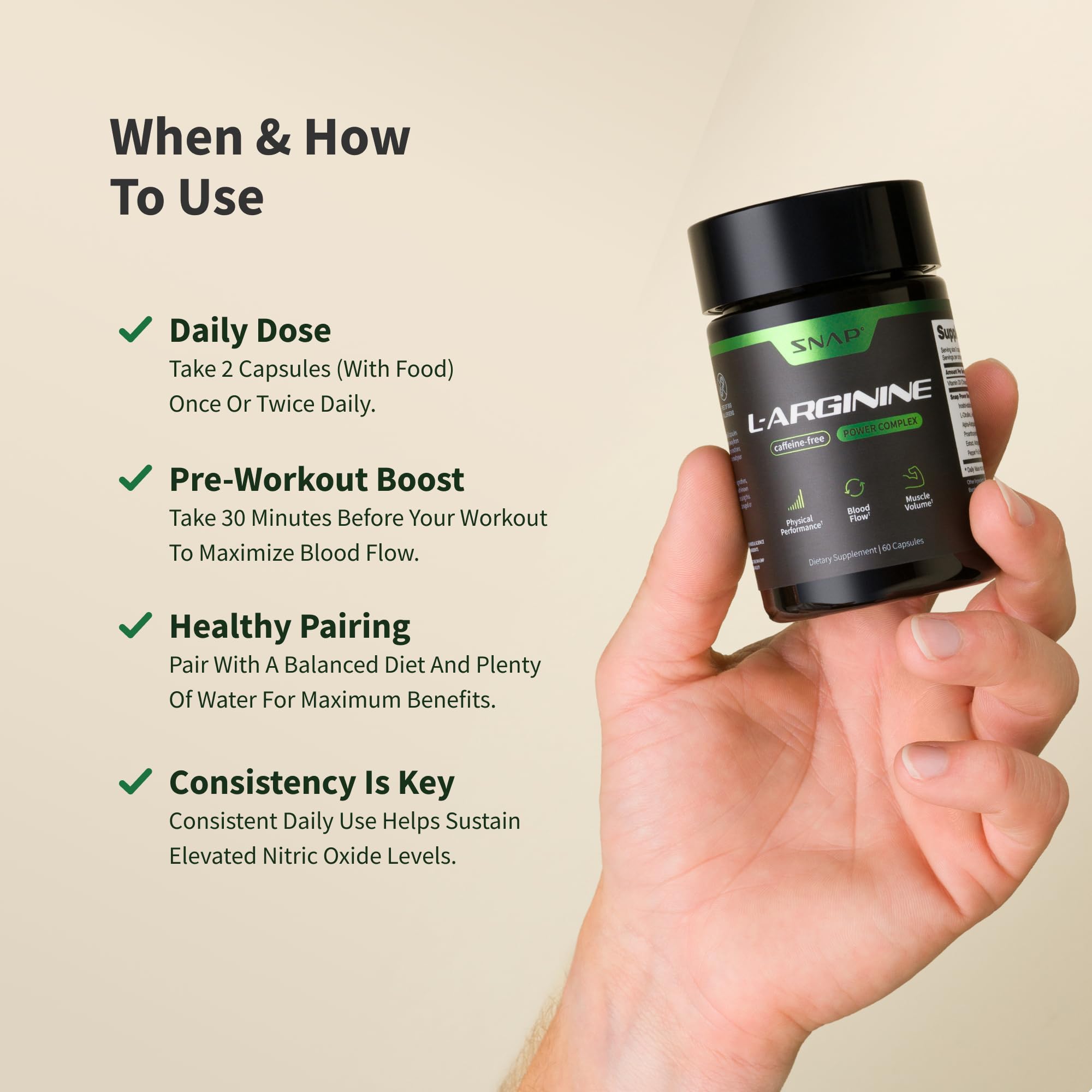Snap Supplements L-Arginine Capsules closeup label highlights ingredients for vascular support
