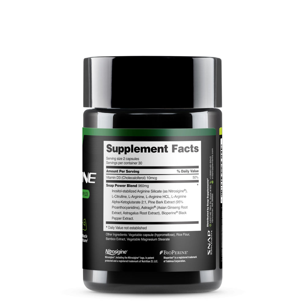 Snap Supplements L-Arginine Capsules daily dose text reinforces routine and consistency