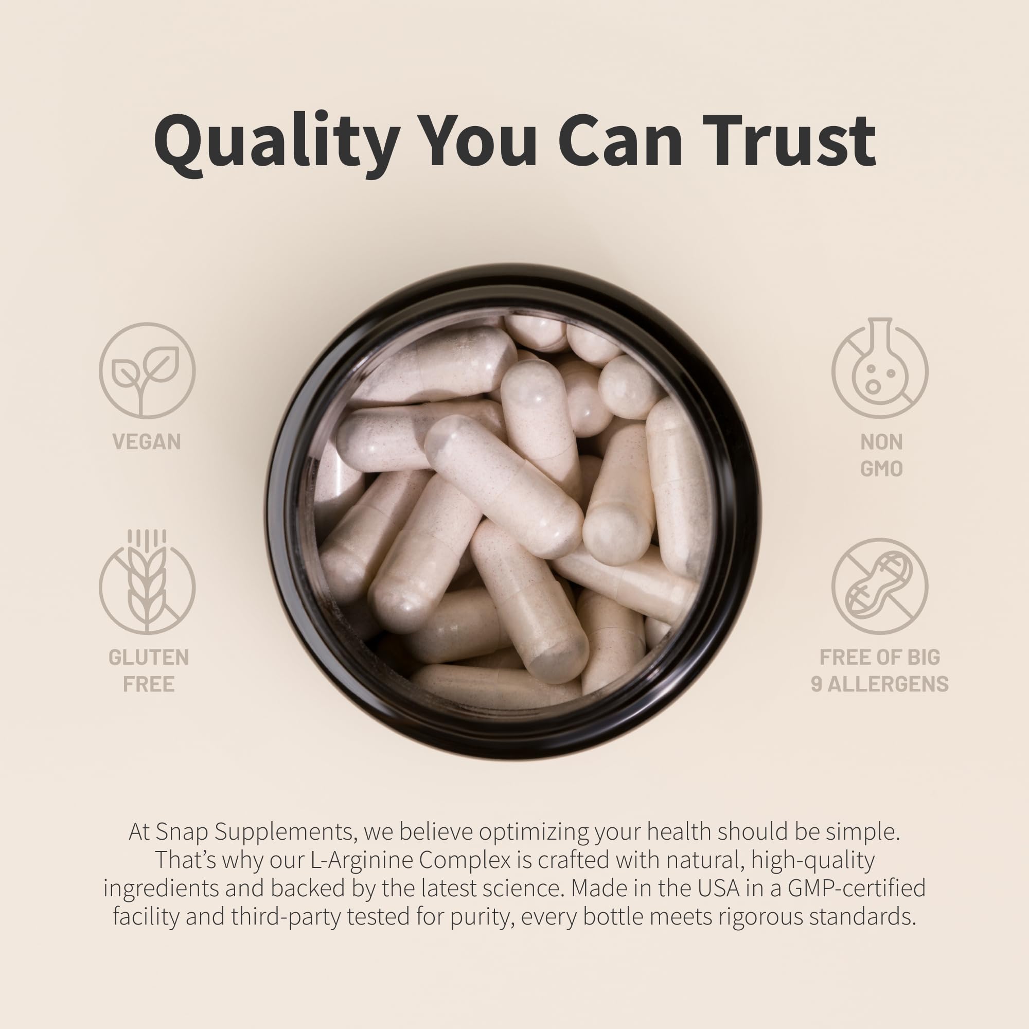 Snap Supplements L-Arginine Capsules with glass of water illustrate easy daily use