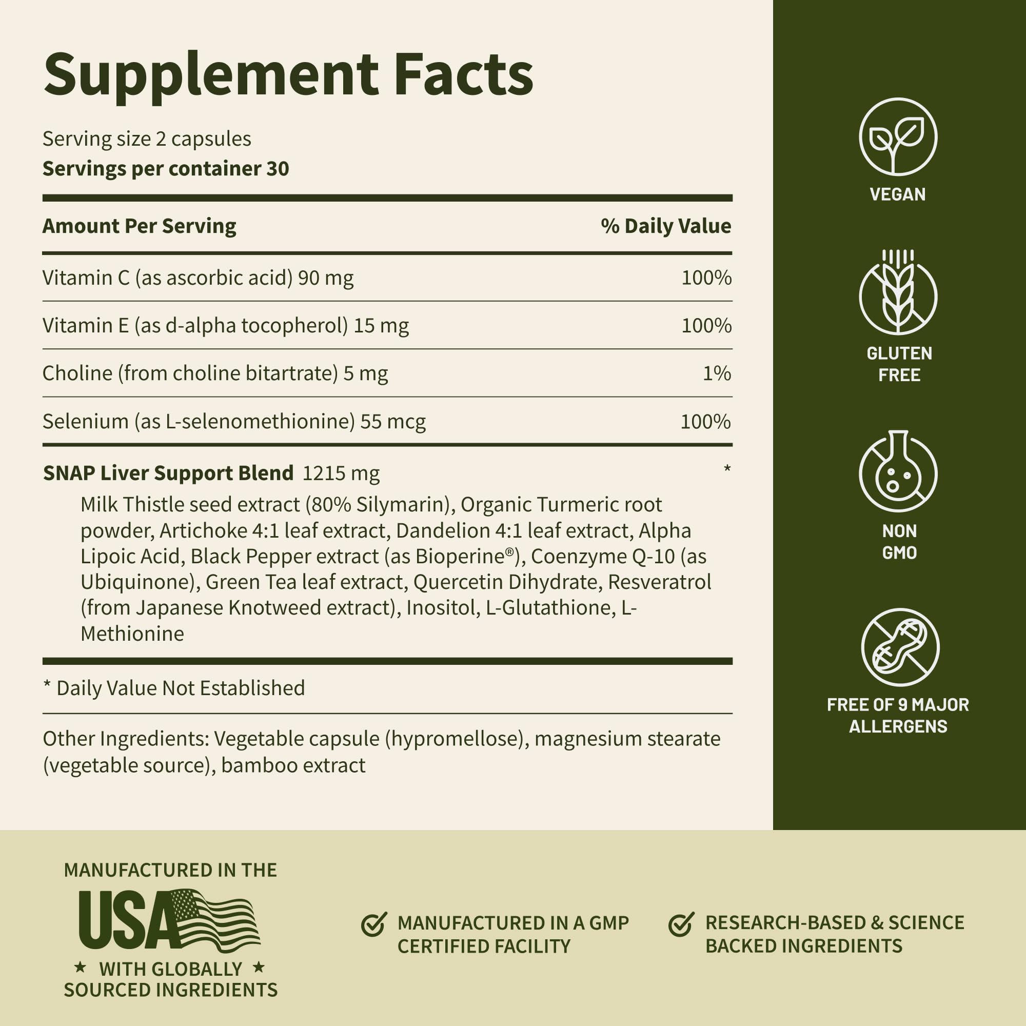 Snap Supplements Liver Health packaging note gluten-free and non-GMO quality