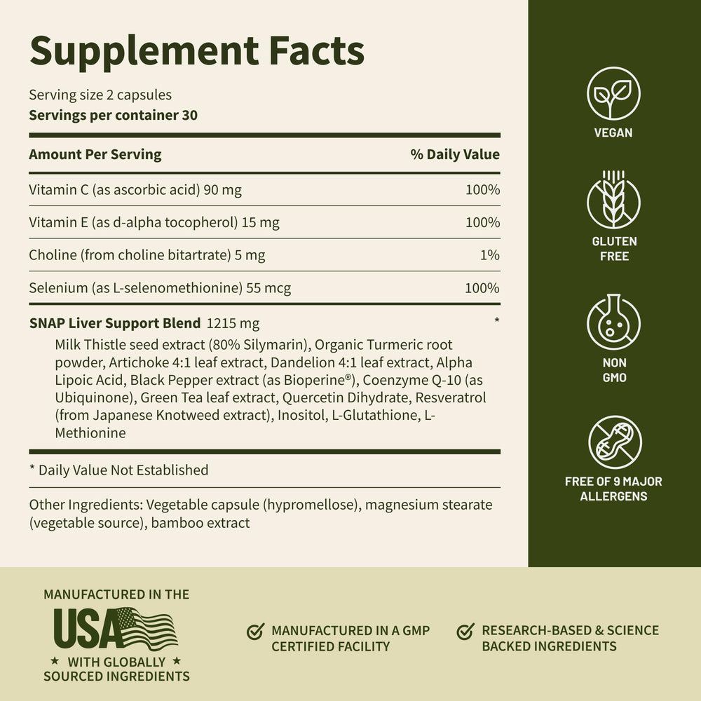 Snap Supplements Liver Health packaging note gluten-free and non-GMO quality