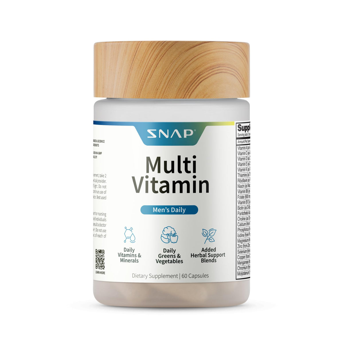 Snap Supplements Men's Multivitamin bottle showing daily energy and immune support potential.