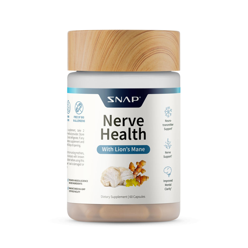 Snap Supplements nerve health bottle front showing daily support for nerve function